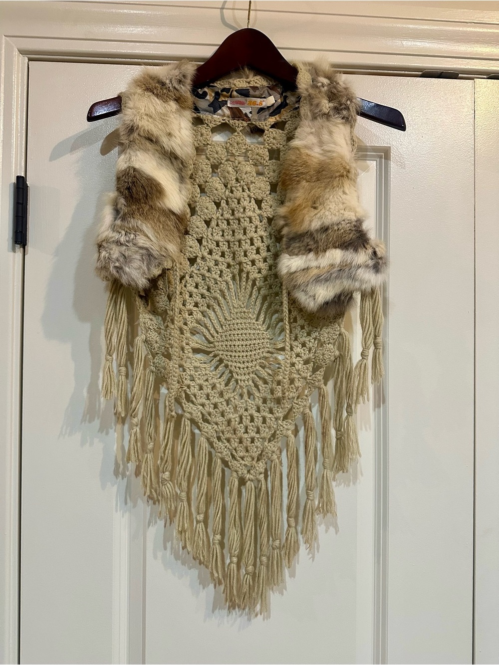 Boho / Festival Cream Crochet and Rabbit Fur Accent Vest